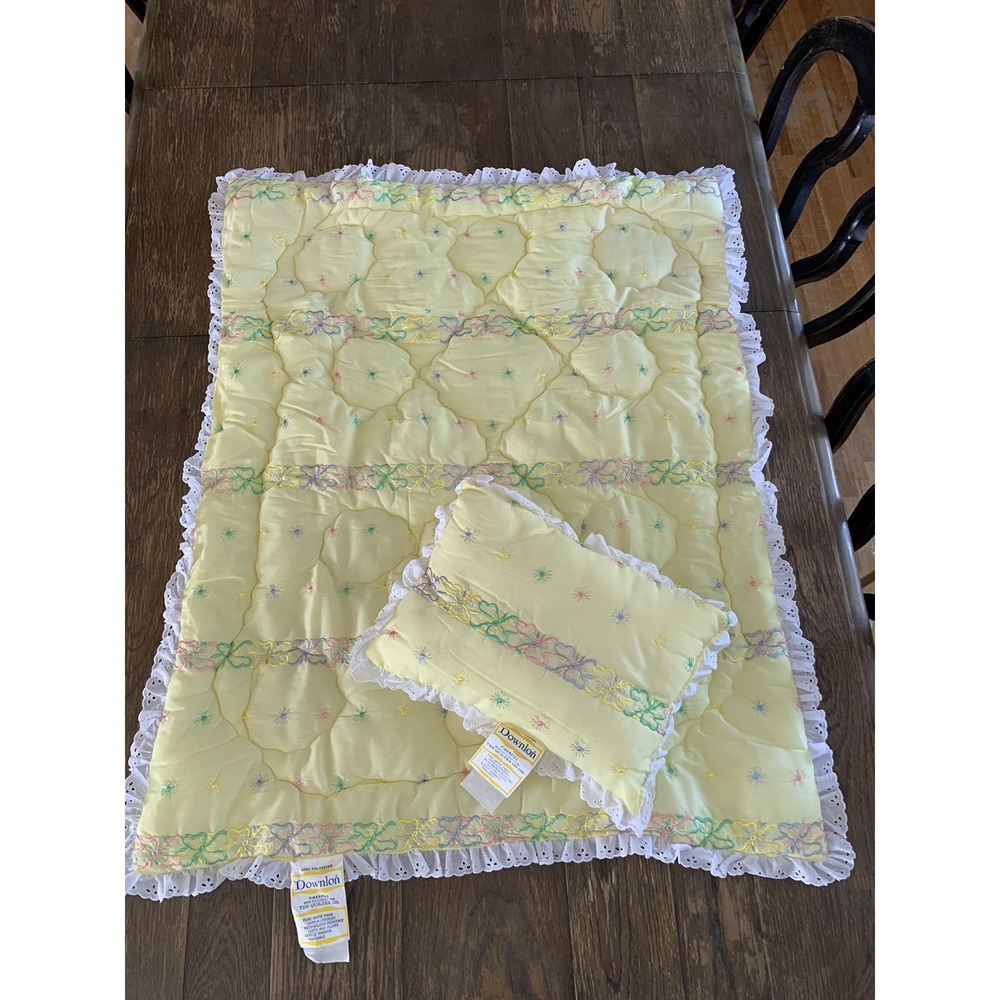 Downlon Vintage‎ 50's 60's New Baby Blanket & Pillow Yellow Flower Ribbon Lace